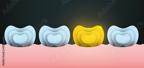 Row of white clean teeths with golden implant in modern creative style. Minimalistic design concept. Healthcare medical composition art element. Paper cut layer vector illustration.