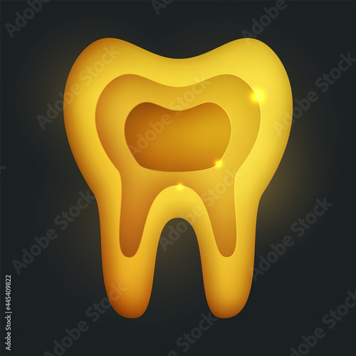 Golden tooth silhouette in modern creative style. Minimalistic luxury design concept. Premium healthcare medical composition art element. Bright paper cut layer vector illustration.