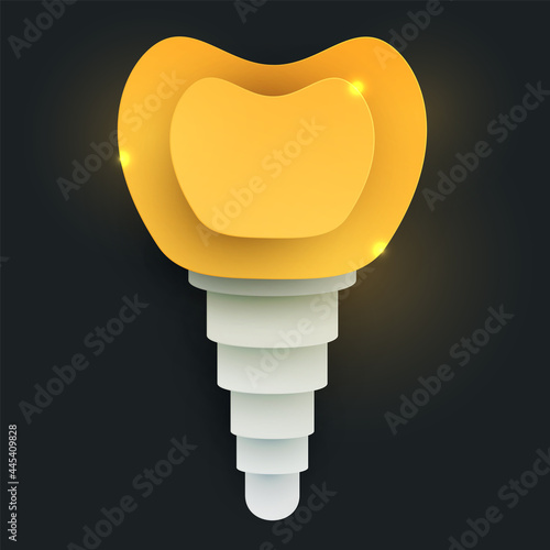 Human golden tooth implant silhouette in modern creative style. Luxury minimalistic design concept. Premium healthcare medical composition art element. Bright paper cut layer vector illustration.