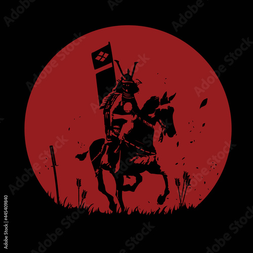 Samurai riding a horse silhouette cartoon vector illustration