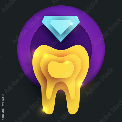 Gold tooth silhouette with diamond in modern creative style. Premium minimalistic design concept. Luxury healthcare medical composition art element. Bright paper cut layer vector illustration.