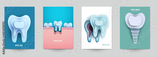 Set of dental concept covers for flyer, poster, banner in modern minimal style. Collection composition of background for design branding clinic, hospital. Geometric paper art vector illustration.