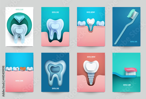 Set of dental concept covers for flyer, poster, banner in modern minimal style. Collection composition of background for design branding clinic, hospital. Geometric paper art vector illustration.
