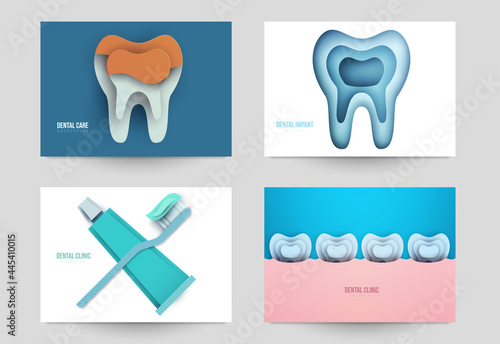 Set of dental concept covers for flyer, poster, banner in modern minimal style. Collection composition of background for design branding clinic, hospital. Geometric paper art vector illustration.