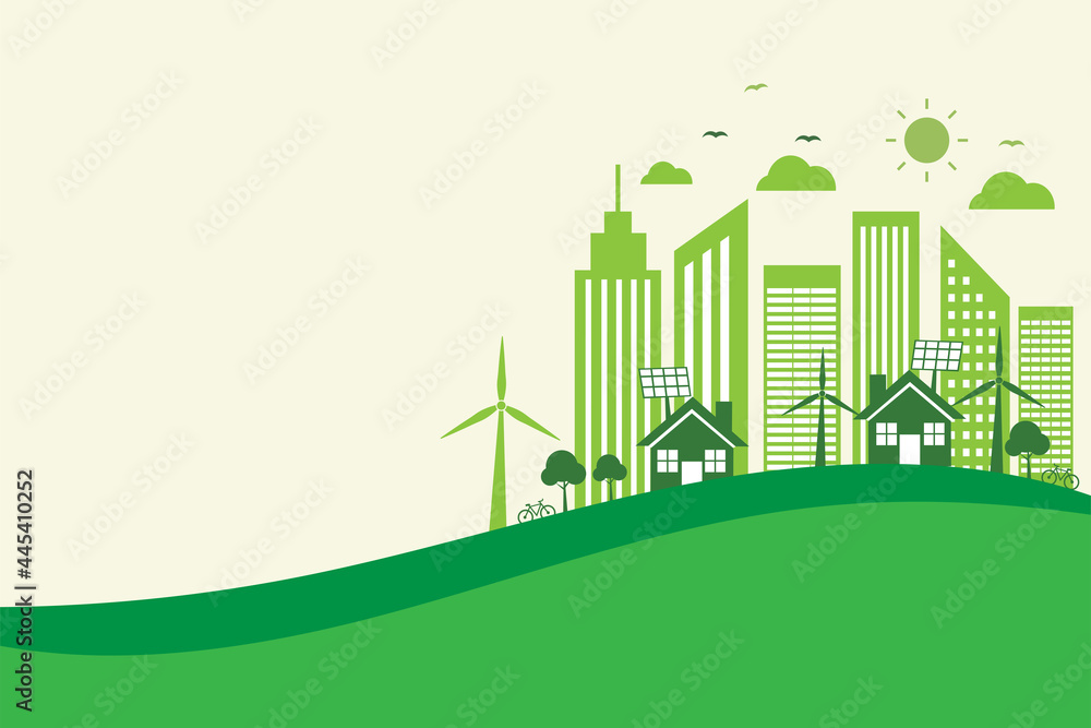 save energy the world development. environmental and ecology concept. vector illustration banner flat design. green city in landscape background. copy space for text input.