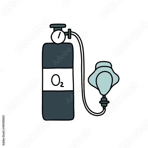 oxygen mask and cylinder doodle icon, vector color line illustration
