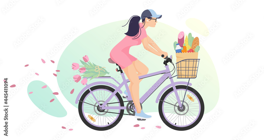 Woman, girl in pink dress on purple bicycle, cycle, bike with pink flower and pack with groceries, on white. Vector illustration for design, flyer, poster, banner, web, advertising, shopping.