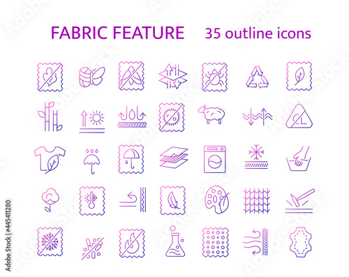 Material properties outline icons set. Fiber diversity. Textile industry. Gradient symbol