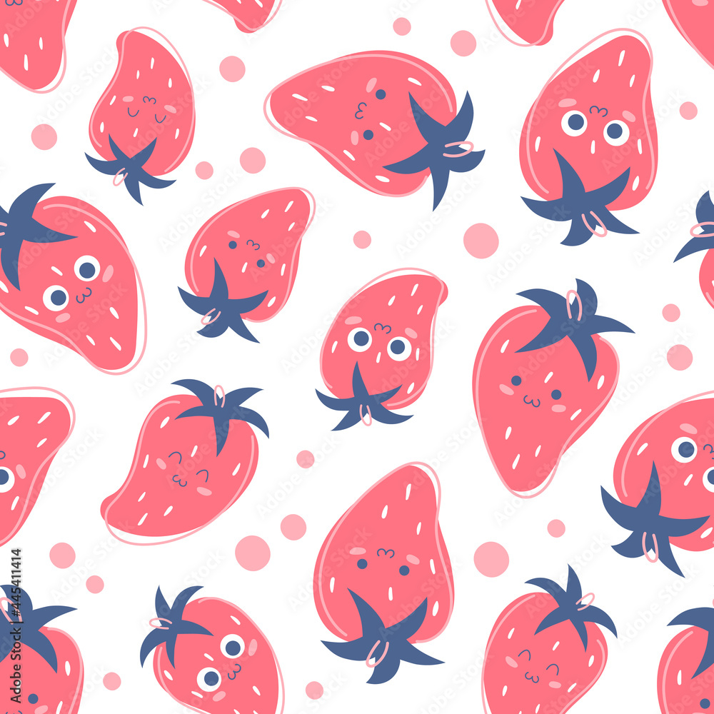Seamless pattern with happy pink strawberries with cute smiles, juicy fruit on white background. Vector illustration. Print for packaging, fabrics, wallpapers, textiles. Seamless pattern with happy pink strawberries with cute smiles, juicy fruit on white background. Vector illustration. Print for packaging, fabrics, wallpapers, textiles.