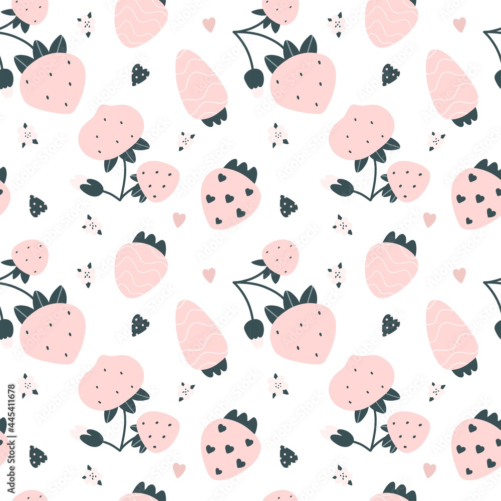Fototapeta premium Cute seamless pattern with pink strawberries and hearts. Scandinavian style. Vector illustration.