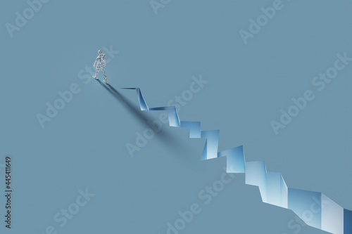 Three dimensional render of wireframe man walking past crevice photo
