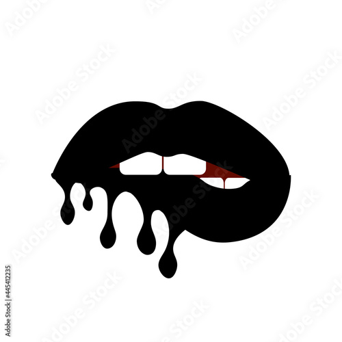 Bitting black lips with dripping paint. Vector illustration on white background. Trendy sticker