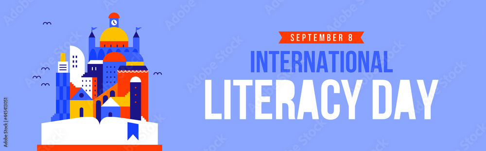 Literacy Day web banner open book story city
