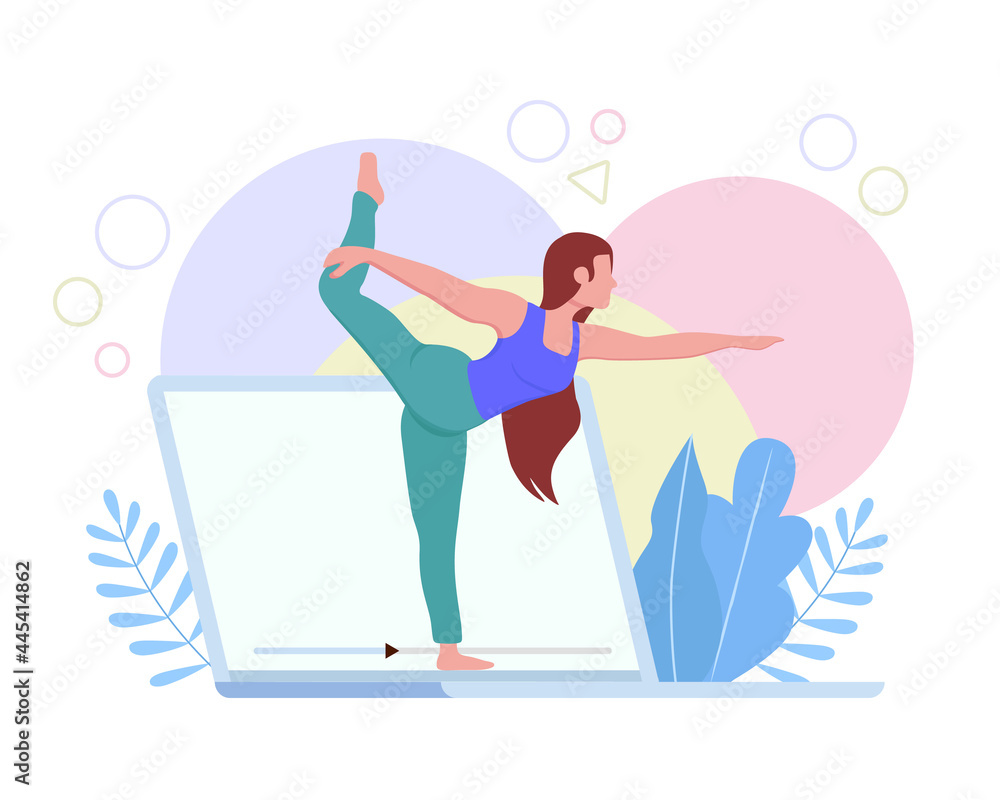 Fototapeta premium Woman doing yoga pose from home computer