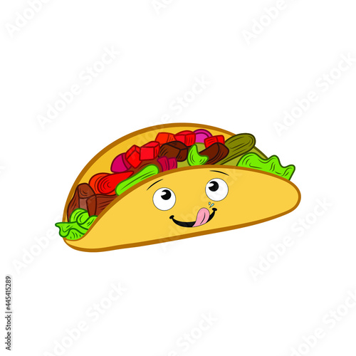 Vector Taco with Funny Licking Lips Face, Colorful Illustration isolated on White Background.
