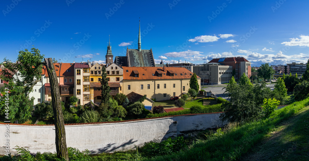 Church and buildings in Old town of Pardubice, Czechia in hot summer. 