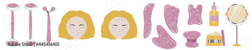 Pink texture marble facial roller and gua sha set of tools and equipment. White blond girl doing face exercise with directions.