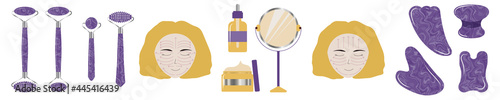 Gemstone skin care at home with amethyst facial roller, gua sha and oil.