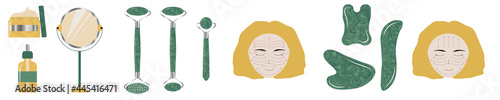 Green jade roller facial massage directions. Set of home tools, roll annd guasha for beauty and skincare. Esoteric energy treatment.