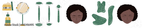 Massage direction guide for using green jade guasha and roller with arrows on a black woman face. Skin care at home with gemstone and exercise.