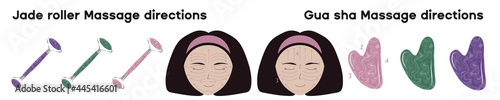 Rose quartz, amethyst and green jade roller gua sha massage directions on a face on asian yound woman.