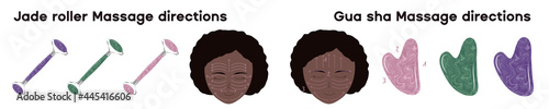 Rose quartz, amethyst and green jade roller gua sha massage directions on a face on black young female.