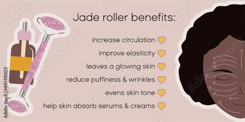 Infographic banner with jade roller facial massage exercise. Young black girl brunette face with massage directions.