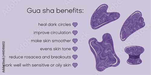 Purple infographic banner with gua sha facial massage exercise. Guasha amethyst for skin care and wellbeing.
