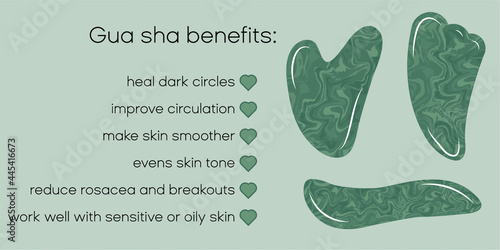 Green jade guasha benefits infographic banner for young woman using gemstone and esiteric for wellness.