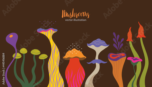 Vector whimsical Mushrooms, fairy tale flora, game design elements fictional plants
