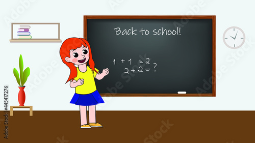 Cute schoolgirl near the blackboard at a mathematics lesson. Vector illustration with the inscription Back to school! 