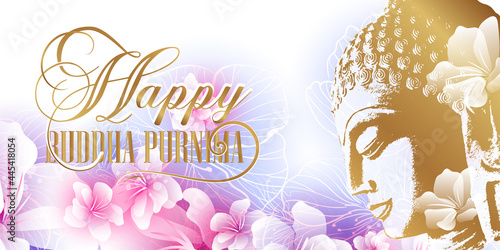 Head of the Lord Buddha under a cherry blossom. Sakura petals and flying flowers. Banner in gentle delicate pink colors. Happy Buddha Purnima. Vesak Day