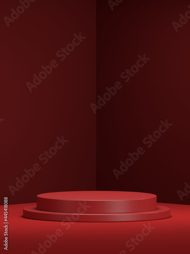 Red Beauty products Stand or podium pedestal set for Cosmetic and skincare Packaging mockup minimal design on black background.concept cosmetic product.3d render.