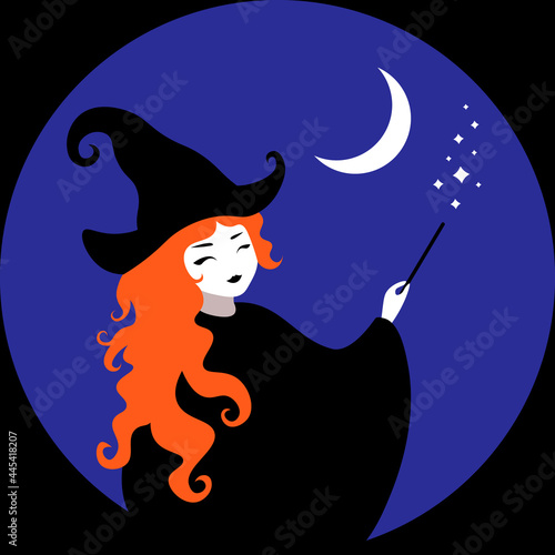 cute halloween little witch conjures with a magic wand
