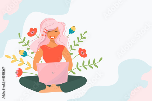 The girl works at the computer against the background of flowering plants. Cute blonde with a laptop in nature. Happy woman in red T-shirt, freelancer. Vector for web design in cartoon flat style.