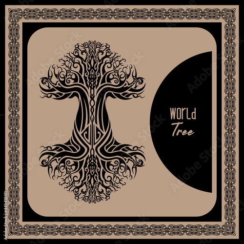 yggdrasil, viking tree of life in tribal celtic style, text 'world tree'