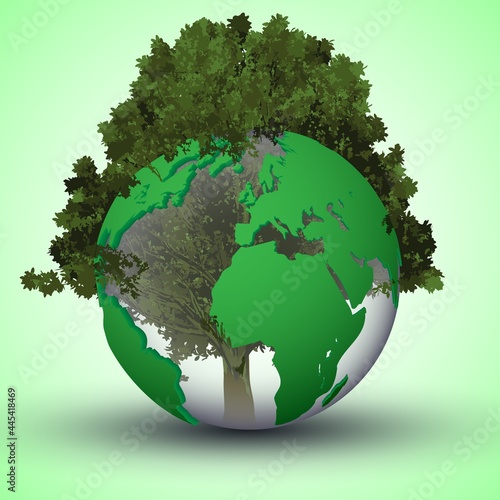 Ecology. The green planet. Abstract vector illustration of a green, transparent purity, a planet in the arms of a mighty tree. A sketch for creativity.