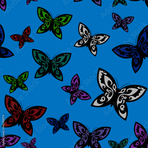 bright seamless pattern with colored butterflies on blue background