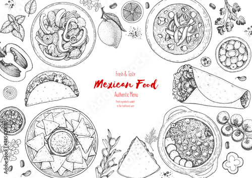 Mexican food top view frame. A set of classic mexican dishes with nachos, burritos, tacos, pozole . Food menu design template. Vintage hand drawn sketch vector illustration. Mexican cuisine.