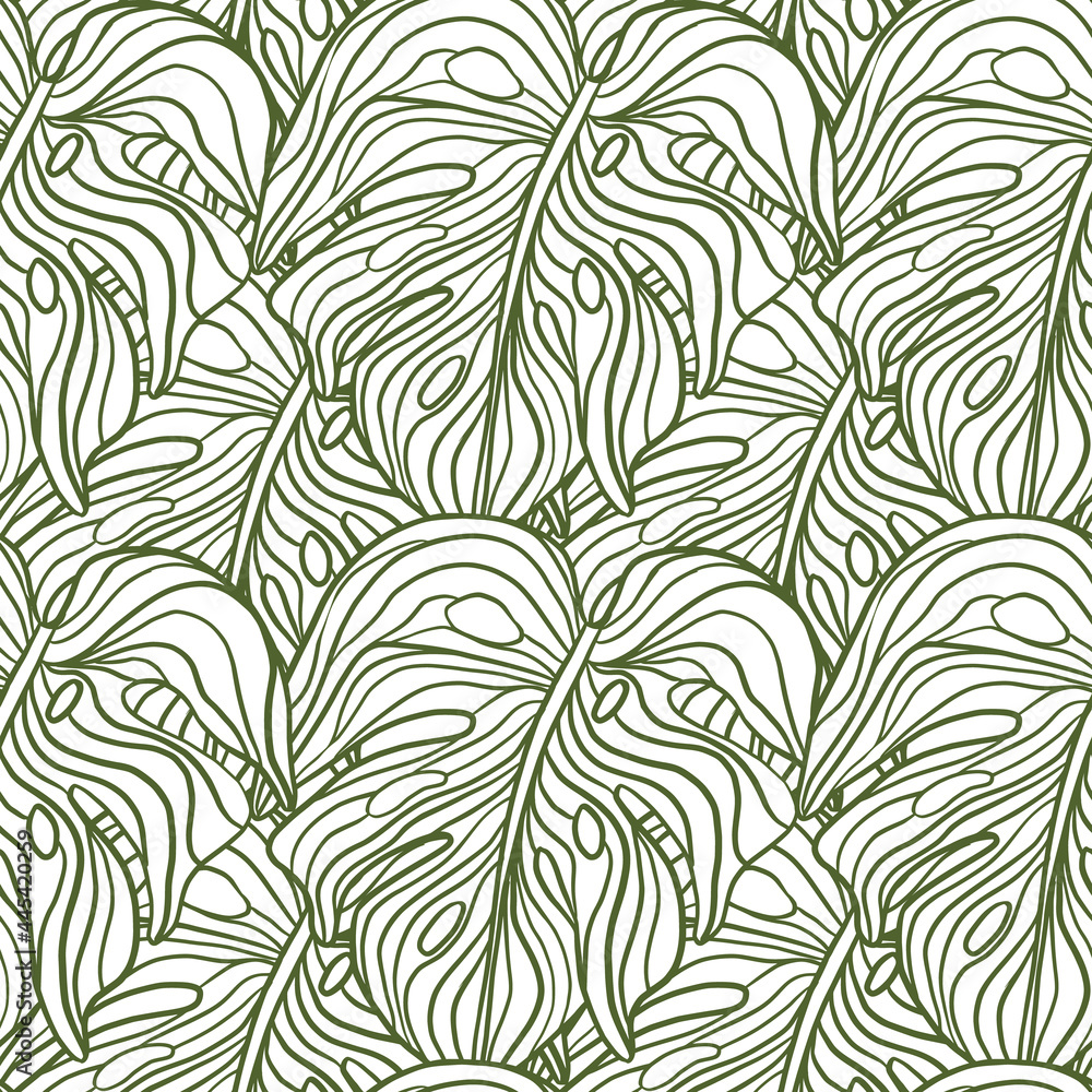 Green contoured monstera leaves silhouettes seamless pattern. Tropical foliage natural artwork.