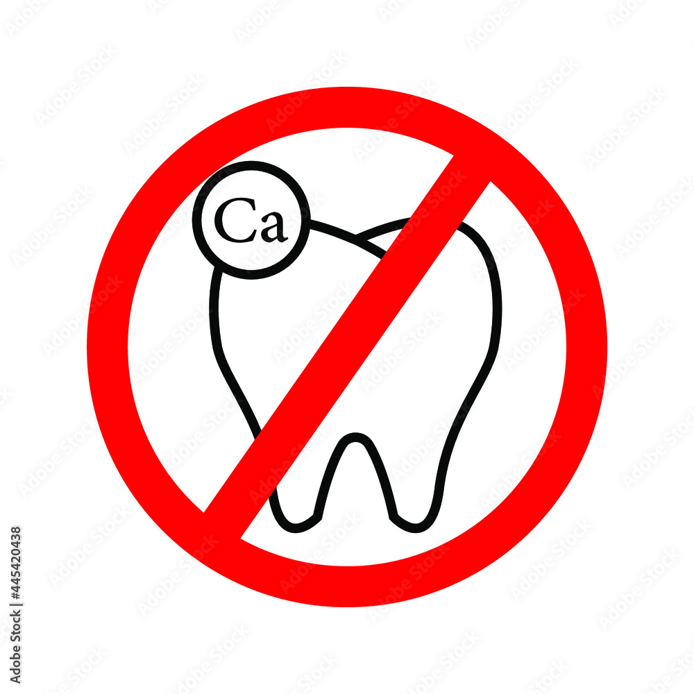 molar teeth icon with calcium symbol and red prohibition symbol. molar teeth icon with calcium symbol and red prohibition symbol.