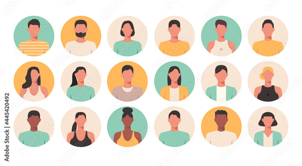 People portraits of faceless males and females, men and women face avatars isolated at round icons set, vector flat illustration - obrazy, fototapety, plakaty 