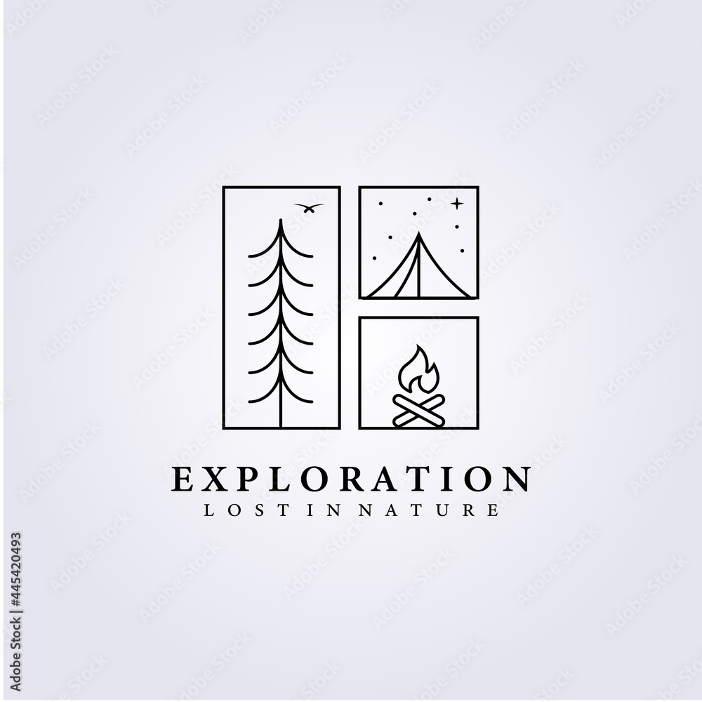 aesthetic background adventure camping logo vector illustration design line art badge frame emblem