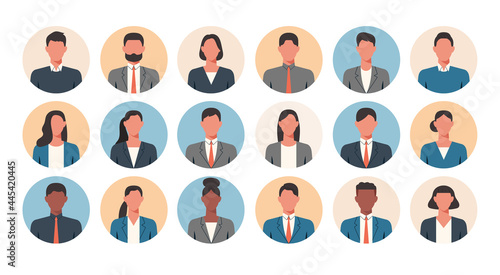 People portraits of faceless businessmen and businesswomen, men and women face avatars isolated at round icons set, vector flat illustration photo