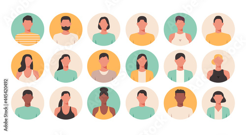People portraits of faceless males and females, men and women face avatars isolated at round icons set, vector flat illustration