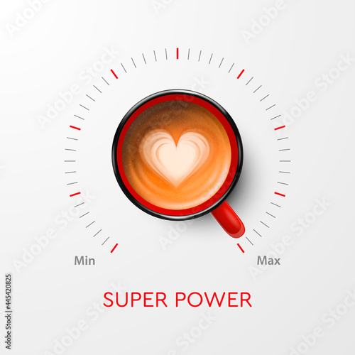 Coffee Super Power. Vector 3d Realistic Red Mug with Black Coffee and Volume Scale. Concept Banner with Coffee Cup. Design Template. Top View