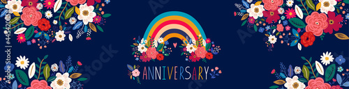 Anniversary design banner. Beautiful vector trendy design with rainbow and flowers