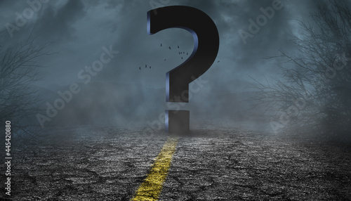 large question mark and fork in the road, 3D illustration