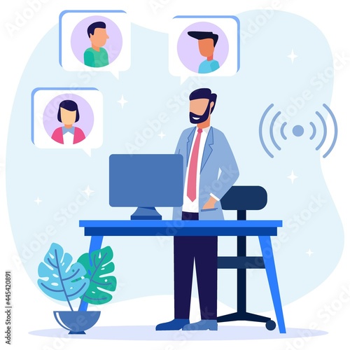 Illustration vector graphic cartoon character of Virtual team distance chat