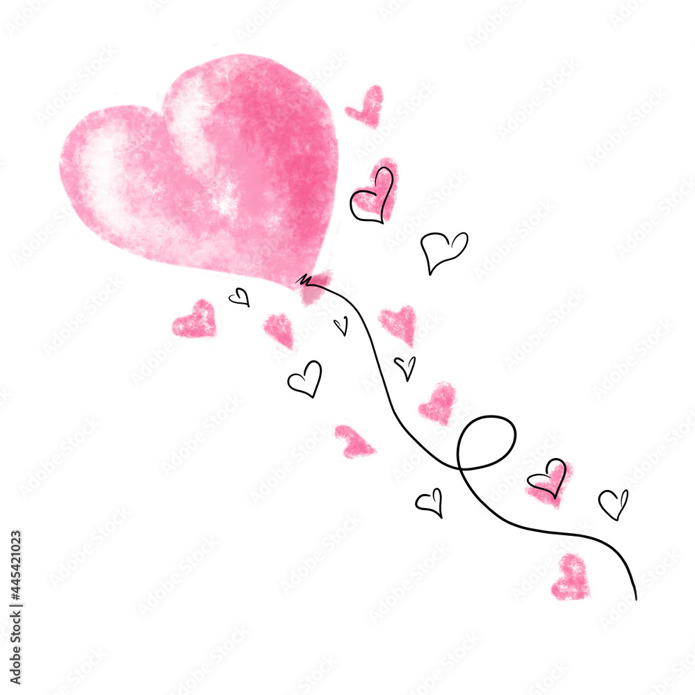 Watercolor pink balloon in the Shape of a Heart. Hand drawn illustration painted by Brush and Aquarelle. Isolated object on white background. Design for wedding invitations and Valentine's Day cards